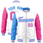 Custom White Powder Blue Pink Varsity Full-Zip Raglan Sleeves Letterman Bomber Jacket | BuyFootballJersey