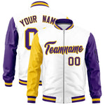 Custom White Gold Purple Varsity Full-Zip Raglan Sleeves Letterman Bomber Jacket | BuyFootballJersey