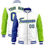 Custom White Royal Neon Green Varsity Full-Zip Raglan Sleeves Letterman Bomber Jacket | BuyFootballJersey
