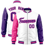 Custom White Pink Purple Varsity Full-Zip Raglan Sleeves Letterman Bomber Jacket | BuyFootballJersey