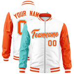 Custom White Bright Green Orange Varsity Full-Zip Raglan Sleeves Letterman Bomber Jacket | BuyFootballJersey