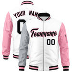 Custom White Silver Light Pink Varsity Full-Zip Raglan Sleeves Letterman Bomber Jacket | BuyFootballJersey