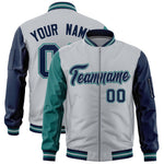 Custom Silver Aqua Navy Varsity Full-Zip Raglan Sleeves Letterman Bomber Jacket | BuyFootballJersey
