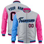 Custom Silver Powder Blue Pink Varsity Full-Zip Raglan Sleeves Letterman Bomber Jacket | BuyFootballJersey