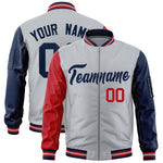 Custom Silver Red Navy Varsity Full-Zip Raglan Sleeves Letterman Bomber Jacket | BuyFootballJersey