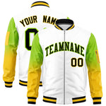 Custom White Neon Green-Gold Raglan Sleeve Gradient Varsity Full-Zip Letterman Bomber Jacket | BuyFootballJersey