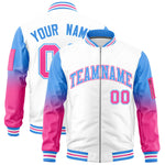 Custom White Powder Blue-Pink Raglan Sleeve Gradient Varsity Full-Zip Letterman Bomber Jacket | BuyFootballJersey