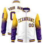 Custom White Gold-Purple Raglan Sleeve Gradient Varsity Full-Zip Letterman Bomber Jacket | BuyFootballJersey