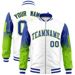 Custom White Royal-Neon Green Raglan Sleeve Gradient Varsity Full-Zip Letterman Bomber Jacket | BuyFootballJersey