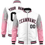 Custom White Silver-Light Pink Raglan Sleeve Gradient Varsity Full-Zip Letterman Bomber Jacket | BuyFootballJersey