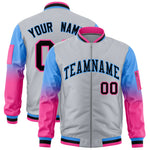 Custom Silver Powder Blue-Pink Raglan Sleeve Gradient Varsity Full-Zip Letterman Bomber Jacket | BuyFootballJersey