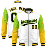 Custom White Neon Green-Gold Raglan Sleeve Gradient Varsity Full-Zip Letterman Bomber Jacket | BuyFootballJersey