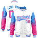 Custom White Powder Blue-Pink Raglan Sleeve Gradient Varsity Full-Zip Letterman Bomber Jacket | BuyFootballJersey