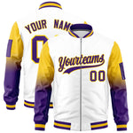 Custom White Gold-Purple Raglan Sleeve Gradient Varsity Full-Zip Letterman Bomber Jacket | BuyFootballJersey