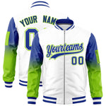 Custom White Royal-Neon Green Raglan Sleeve Gradient Varsity Full-Zip Letterman Bomber Jacket | BuyFootballJersey