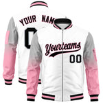 Custom White Silver-Light Pink Raglan Sleeve Gradient Varsity Full-Zip Letterman Bomber Jacket | BuyFootballJersey