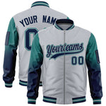Custom Silver Aqua-Navy Raglan Sleeve Gradient Varsity Full-Zip Letterman Bomber Jacket | BuyFootballJersey