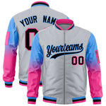 Custom Silver Powder Blue-Pink Raglan Sleeve Gradient Varsity Full-Zip Letterman Bomber Jacket | BuyFootballJersey