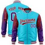 Custom Sky Blue Crimson-Purple Raglan Sleeve Gradient Varsity Full-Zip Letterman Bomber Jacket | BuyFootballJersey