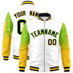Custom White Neon Green-Gold Raglan Sleeve Gradient Varsity Full-Zip Letterman Bomber Jacket | BuyFootballJersey