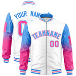 Custom White Powder Blue-Pink Raglan Sleeve Gradient Varsity Full-Zip Letterman Bomber Jacket | BuyFootballJersey