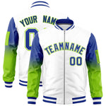 Custom White Royal-Neon Green Raglan Sleeve Gradient Varsity Full-Zip Letterman Bomber Jacket | BuyFootballJersey
