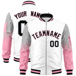 Custom White Silver-Light Pink Raglan Sleeve Gradient Varsity Full-Zip Letterman Bomber Jacket | BuyFootballJersey
