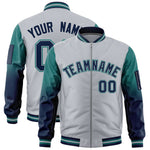 Custom Silver Aqua-Navy Raglan Sleeve Gradient Varsity Full-Zip Letterman Bomber Jacket | BuyFootballJersey