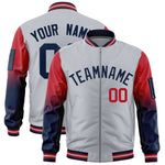 Custom Silver Red-Navy Raglan Sleeve Gradient Varsity Full-Zip Letterman Bomber Jacket | BuyFootballJersey