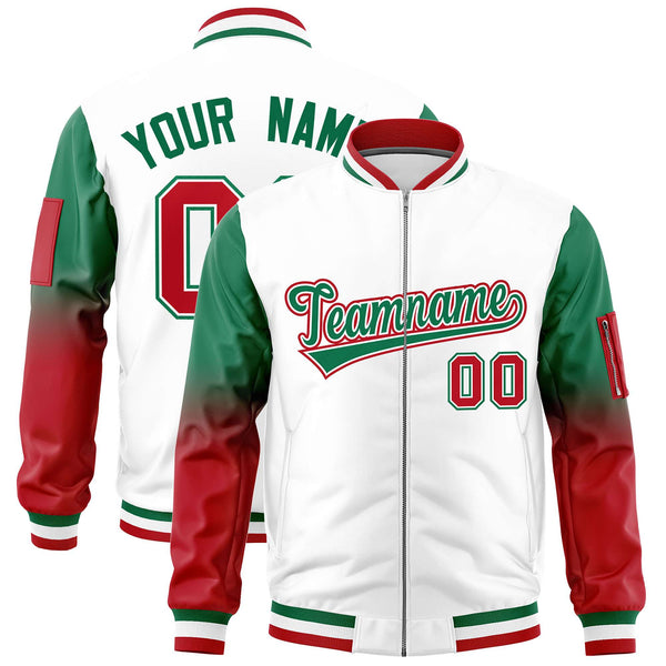 Custom White Kelly Green-Red Raglan Sleeve Gradient Varsity Full-Zip Letterman Bomber Jacket | BuyFootballJersey