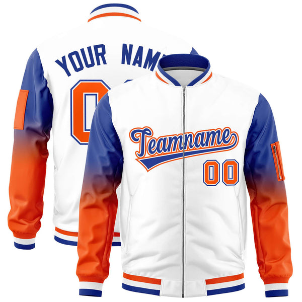Custom White Royal-Orange Raglan Sleeve Gradient Varsity Full-Zip Letterman Bomber Jacket | BuyFootballJersey