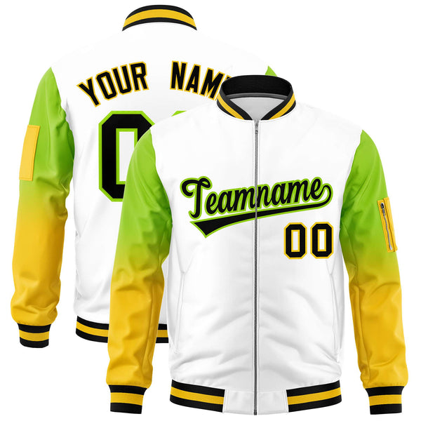 Custom White Neon Green-Gold Raglan Sleeve Gradient Varsity Full-Zip Letterman Bomber Jacket | BuyFootballJersey