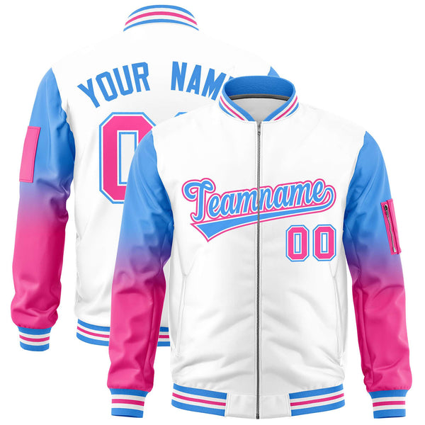Custom White Powder Blue-Pink Raglan Sleeve Gradient Varsity Full-Zip Letterman Bomber Jacket | BuyFootballJersey