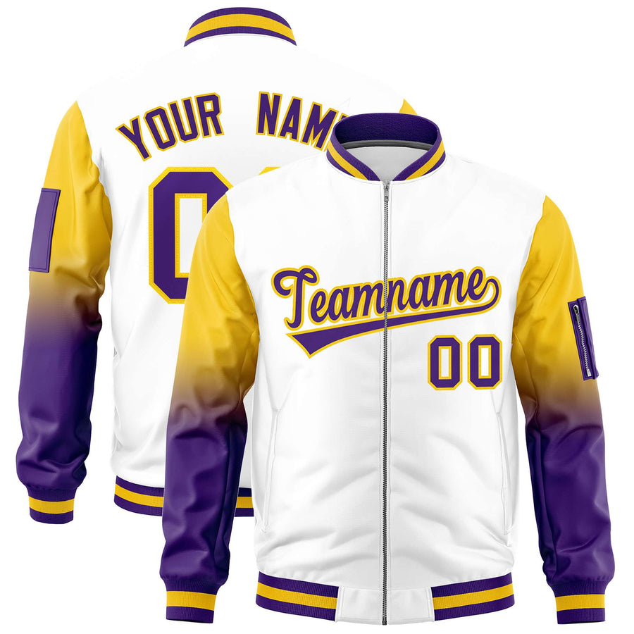 Custom White Gold-Purple Raglan Sleeve Gradient Varsity Full-Zip Letterman Bomber Jacket | BuyFootballJersey