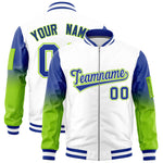 Custom White Royal-Neon Green Raglan Sleeve Gradient Varsity Full-Zip Letterman Bomber Jacket | BuyFootballJersey