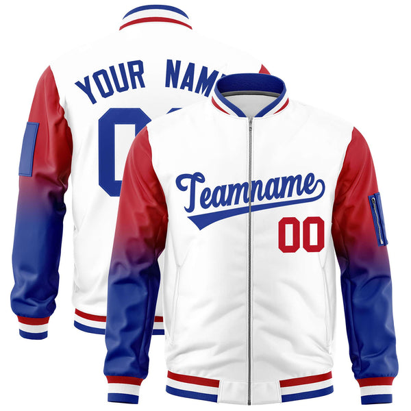 Custom White Red-Royal Raglan Sleeve Gradient Varsity Full-Zip Letterman Bomber Jacket | BuyFootballJersey