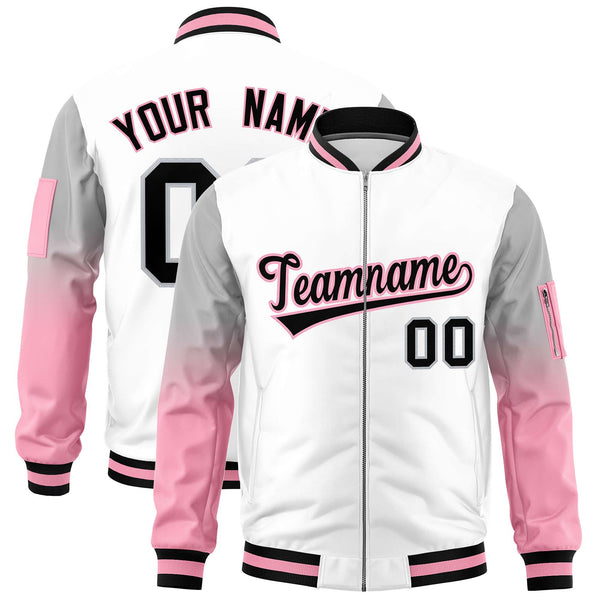 Custom White Silver-Light Pink Raglan Sleeve Gradient Varsity Full-Zip Letterman Bomber Jacket | BuyFootballJersey