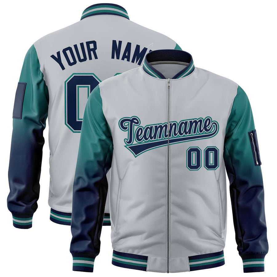 Custom Silver Aqua-Navy Raglan Sleeve Gradient Varsity Full-Zip Letterman Bomber Jacket | BuyFootballJersey