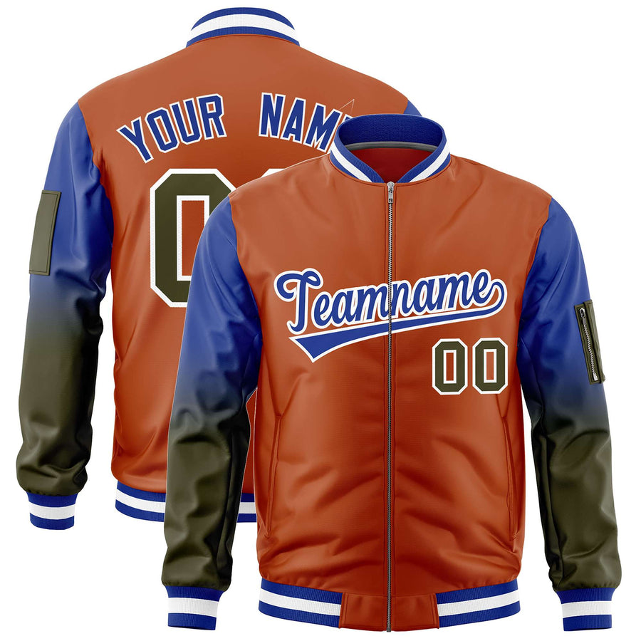 Custom Texas Orange Royal-Olive Raglan Sleeve Gradient Varsity Full-Zip Letterman Bomber Jacket | BuyFootballJersey