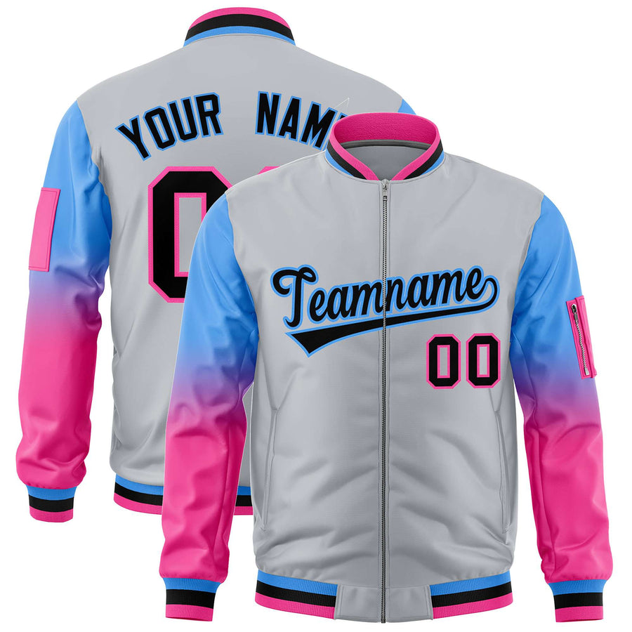 Custom Silver Powder Blue-Pink Raglan Sleeve Gradient Varsity Full-Zip Letterman Bomber Jacket | BuyFootballJersey