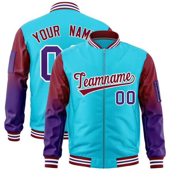 Custom Sky Blue Crimson-Purple Raglan Sleeve Gradient Varsity Full-Zip Letterman Bomber Jacket | BuyFootballJersey