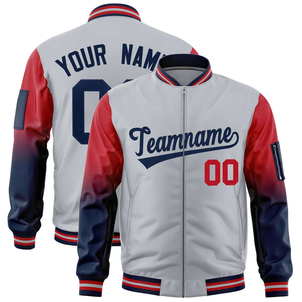 Custom Silver Red-Navy Raglan Sleeve Gradient Varsity Full-Zip Letterman Bomber Jacket | BuyFootballJersey