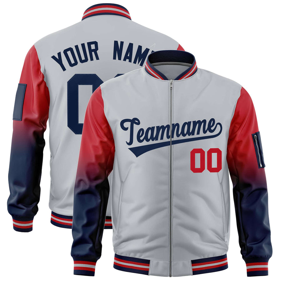 Custom Silver Red-Navy Raglan Sleeve Gradient Varsity Full-Zip Letterman Bomber Jacket | BuyFootballJersey