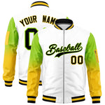 Custom White Neon Green-Gold Raglan Sleeve Gradient Varsity Full-Zip Letterman Bomber Jacket | BuyFootballJersey