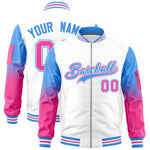 Custom White Powder Blue-Pink Raglan Sleeve Gradient Varsity Full-Zip Letterman Bomber Jacket | BuyFootballJersey