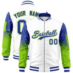 Custom White Royal-Neon Green Raglan Sleeve Gradient Varsity Full-Zip Letterman Bomber Jacket | BuyFootballJersey