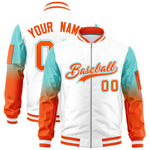 Custom White Bright Green-Orange Raglan Sleeve Gradient Varsity Full-Zip Letterman Bomber Jacket | BuyFootballJersey