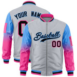 Custom Silver Powder Blue-Pink Raglan Sleeve Gradient Varsity Full-Zip Letterman Bomber Jacket | BuyFootballJersey