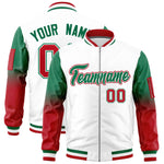 Custom White Kelly Green-Red Raglan Sleeve Gradient Varsity Full-Zip Letterman Bomber Jacket | BuyFootballJersey