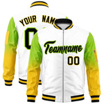 Custom White Neon Green-Gold Raglan Sleeve Gradient Varsity Full-Zip Letterman Bomber Jacket | BuyFootballJersey